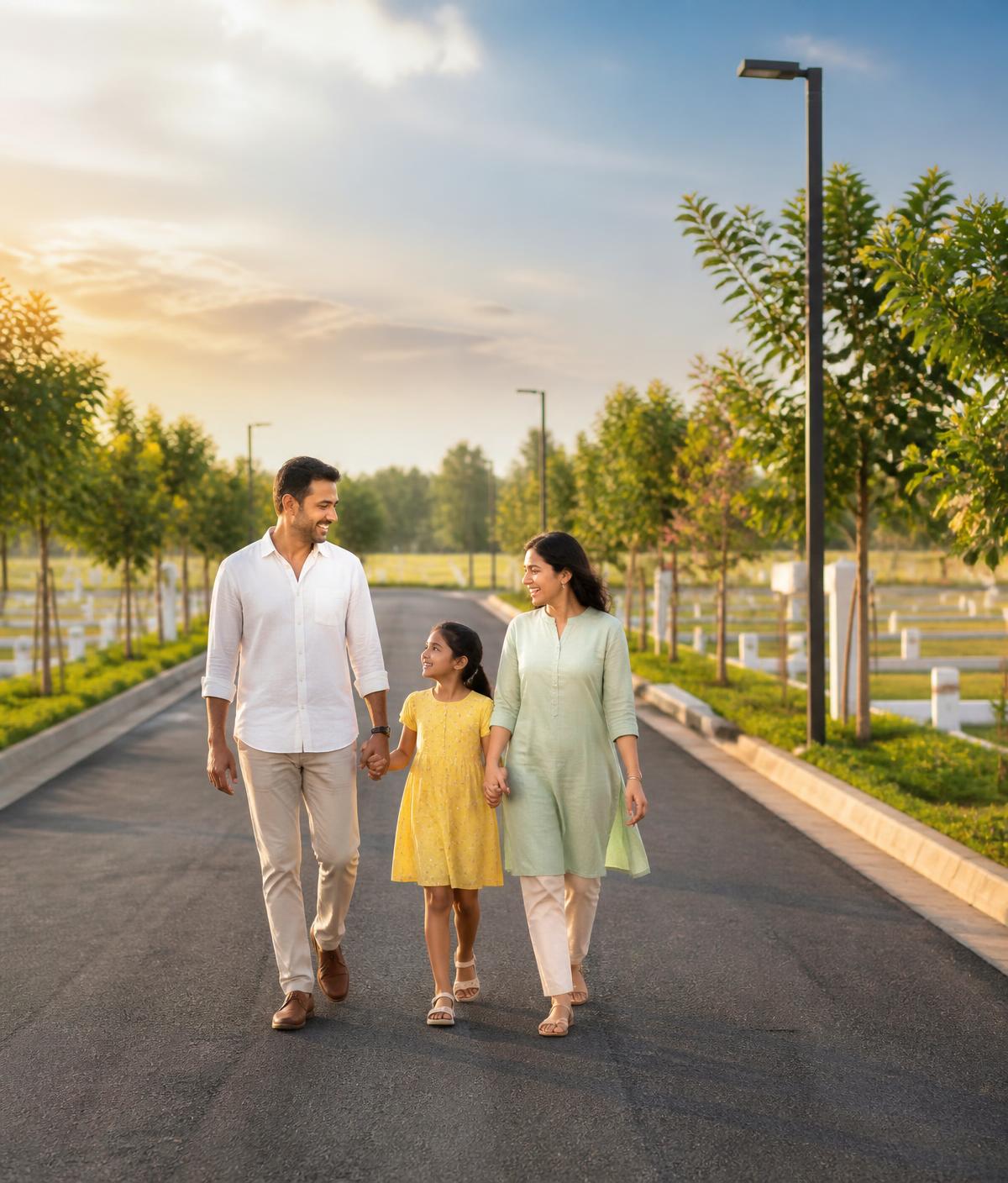 A family walking through a landscaped township avenue